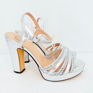 New w/Defect I. Miller Womens Silver Rhinestone Block Heel Strappy Sandal Sz 6.5
